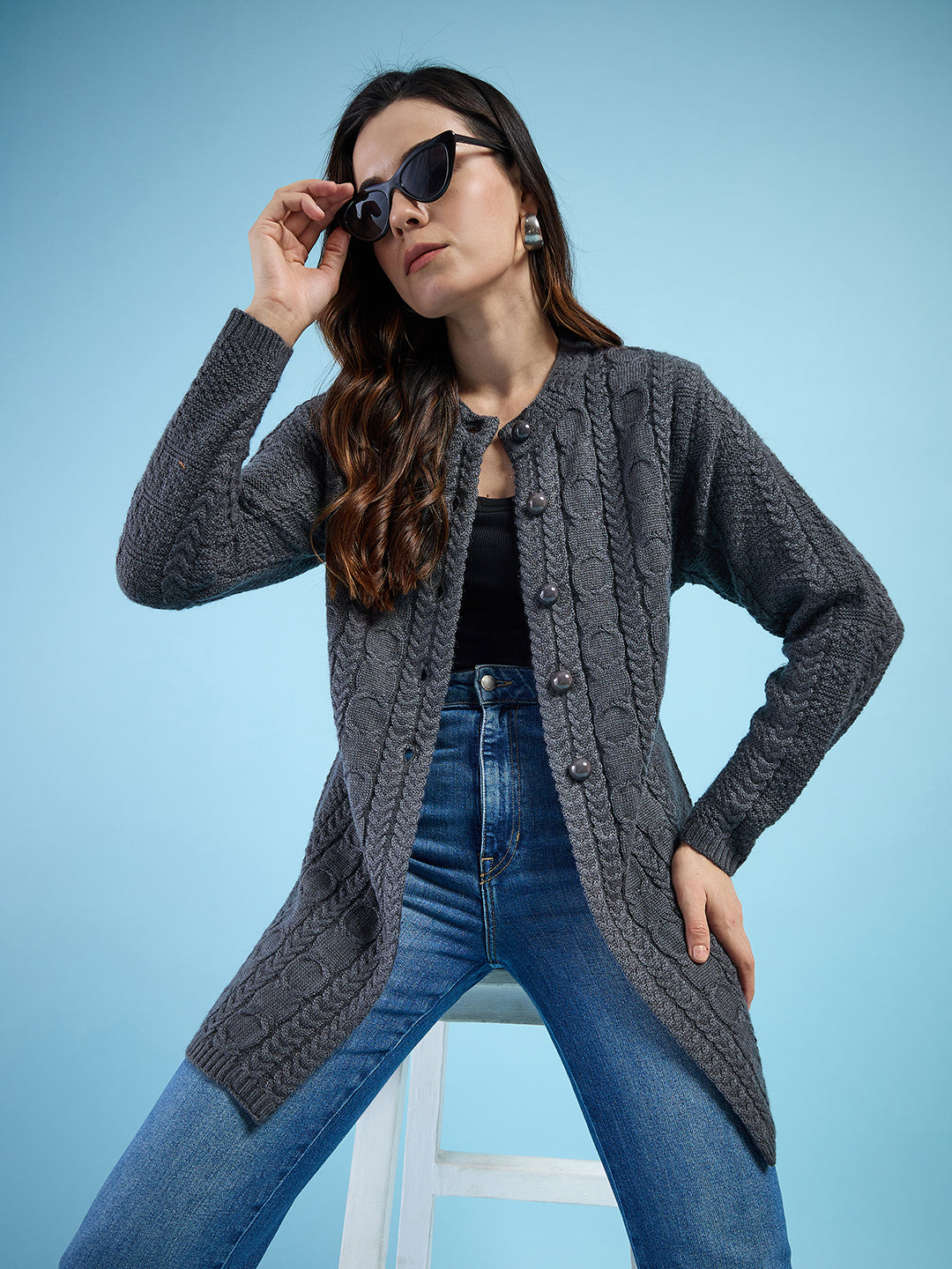 Clapton Cable Knit Design Woolen Longline Cardigan Sweater for women and Girls Dark Grey