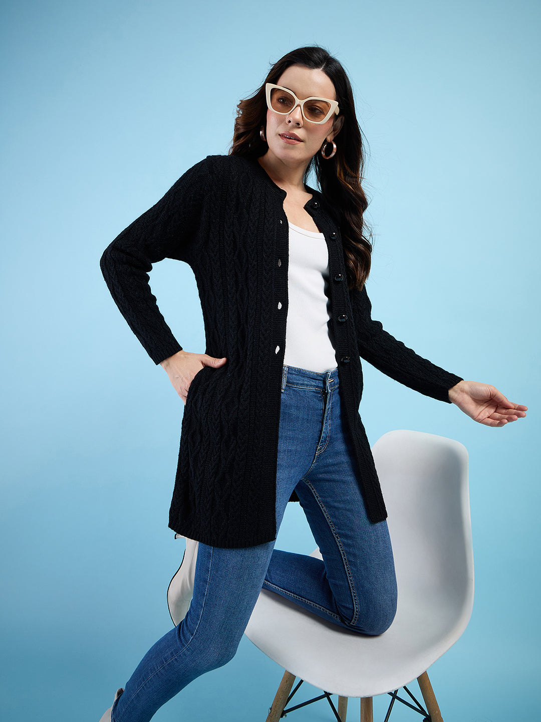 Clapton Cable Knit Design Woolen Longline Cardigan Sweater for women and Girls Black