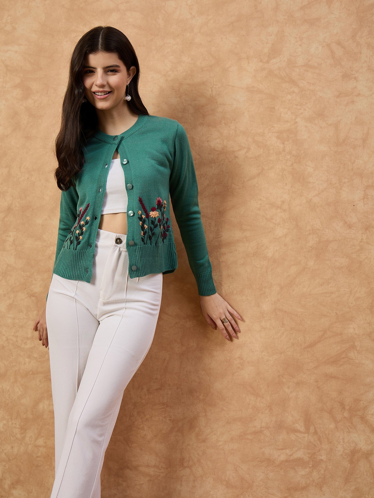 Clapton Women’s Sea Green Knitted Floral Embroidered Cardigan 6110