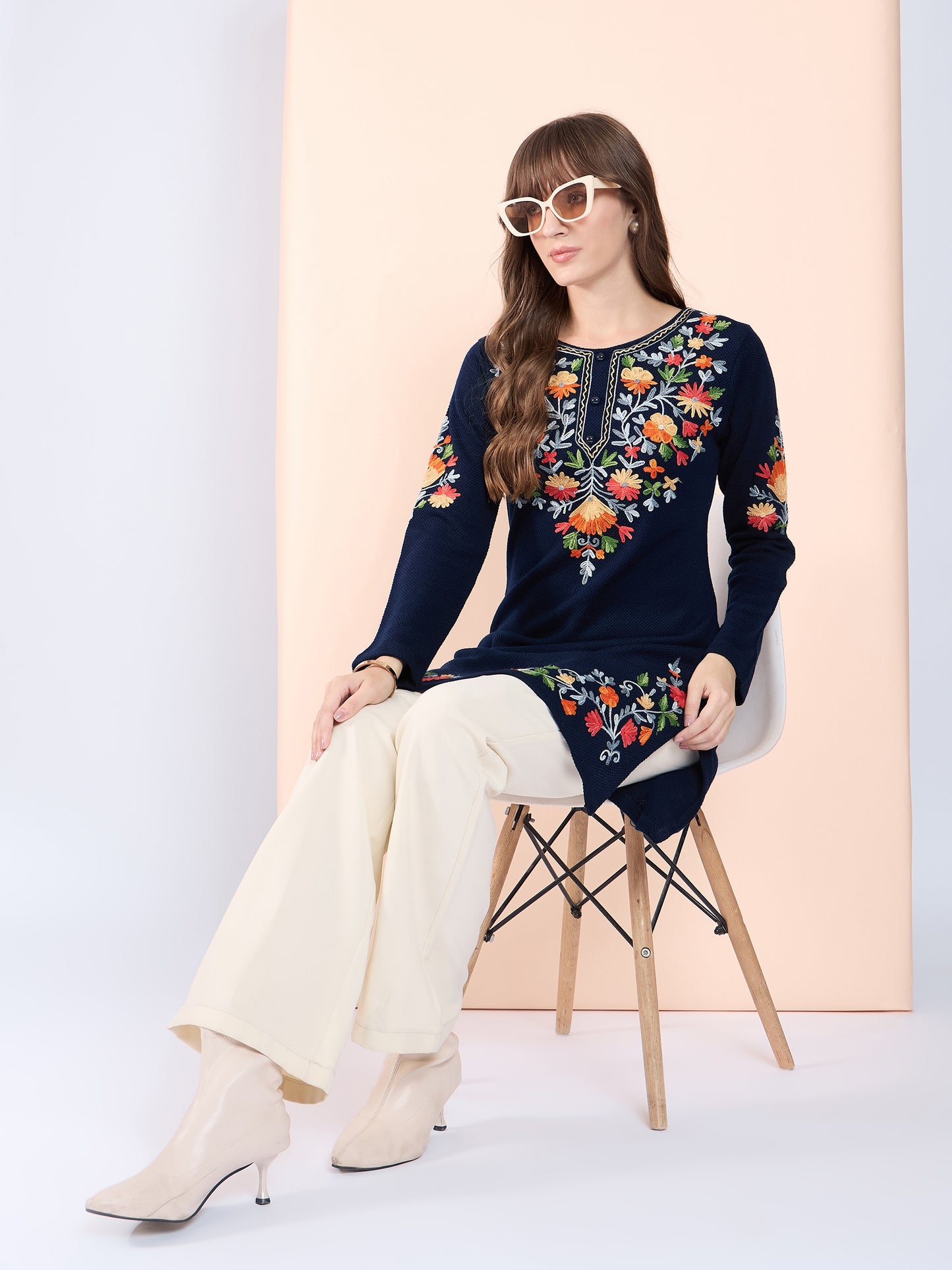 Women Multicolor Embroidered woolen Blend Kurta Navy Blue Winter Wear