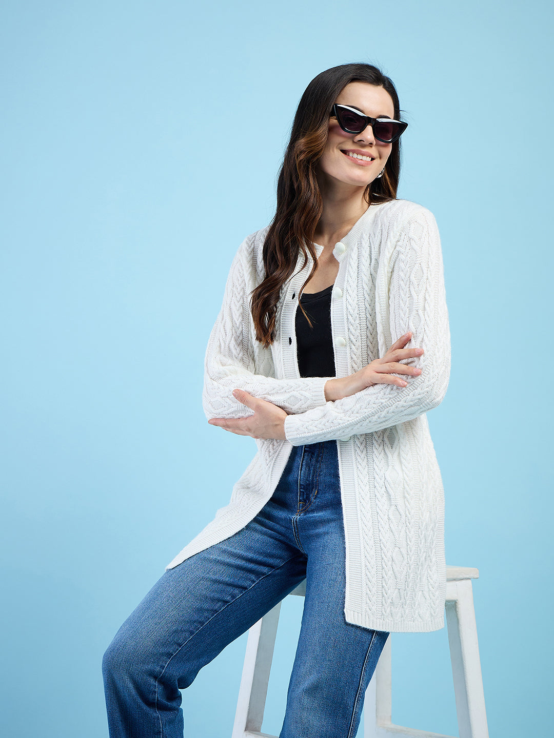 Clapton Cable Knit Design Woolen Longline Cardigan Sweater for women and Girls White