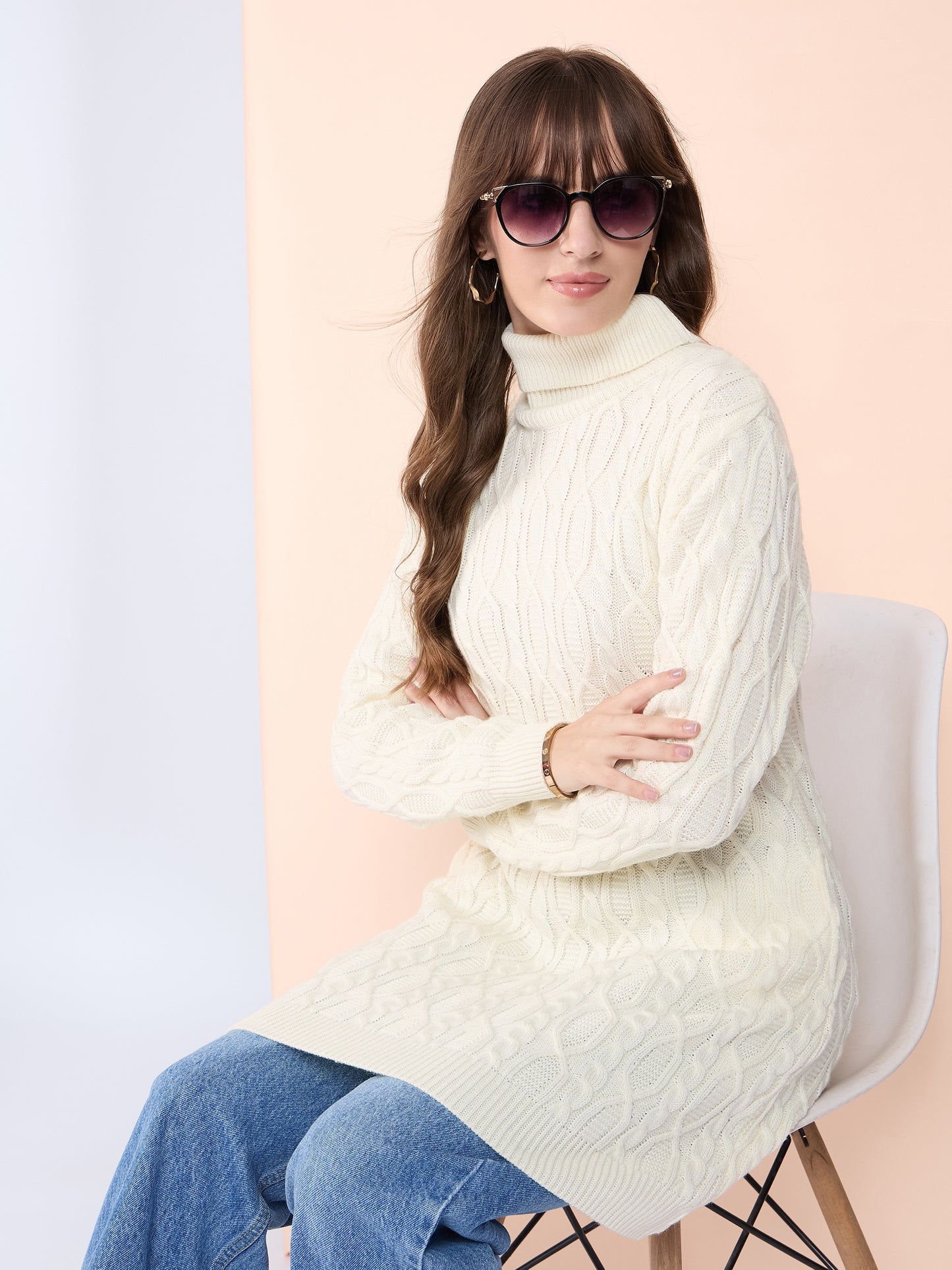 Clapton High Neck Cable Knitted Woolen Dress Cream