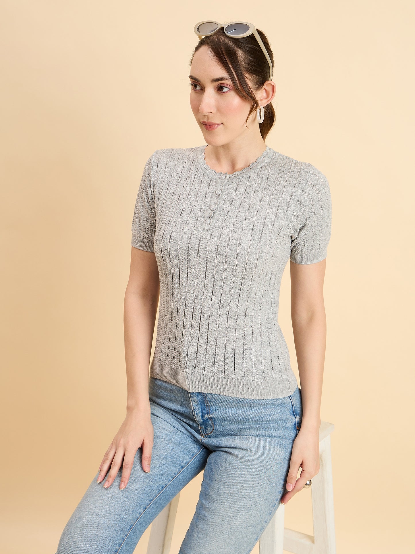 Clapton Women Knitted Round Neck T-shirt Grey