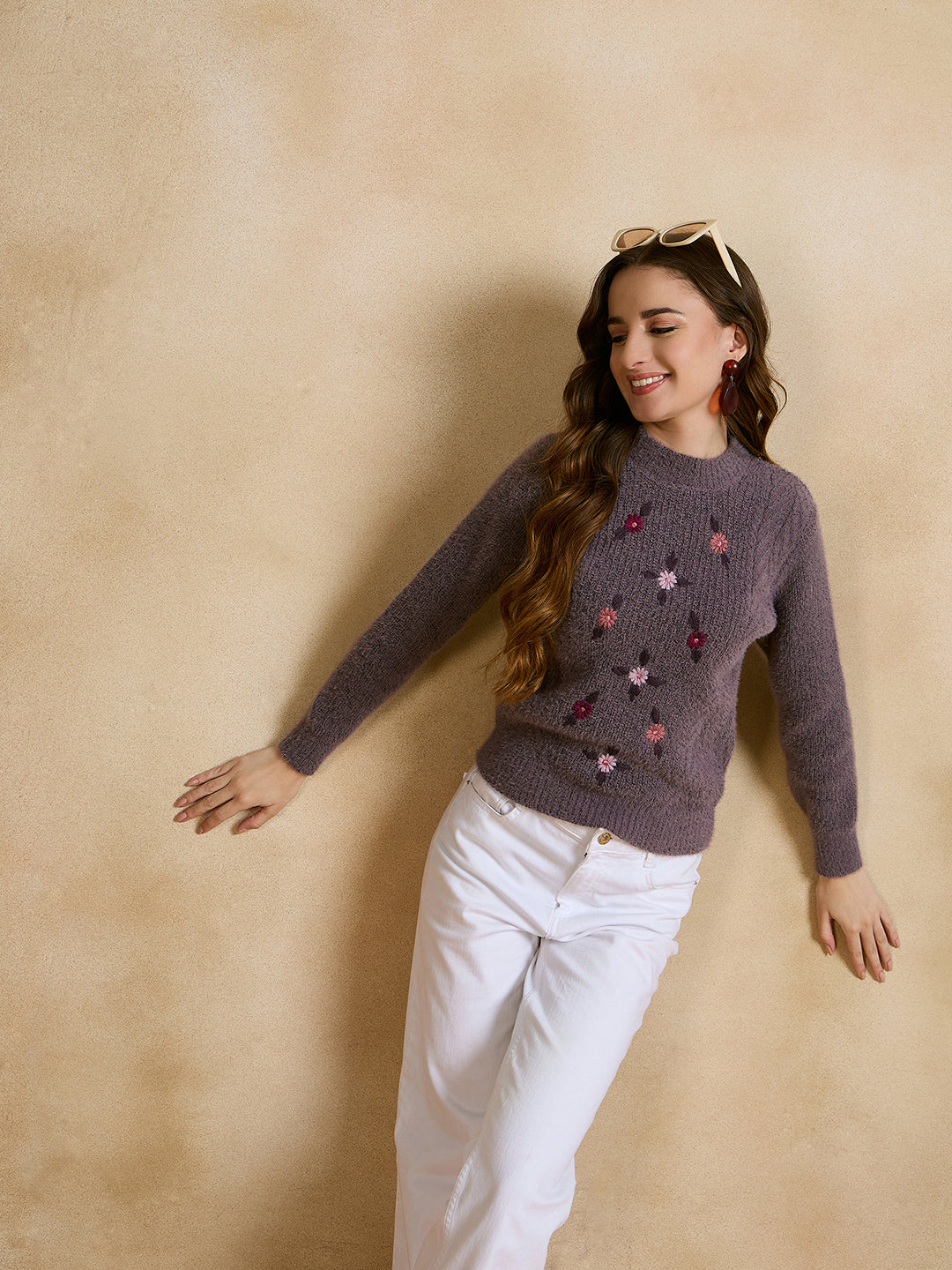 Women Self Design Round Neck Sweater Purple