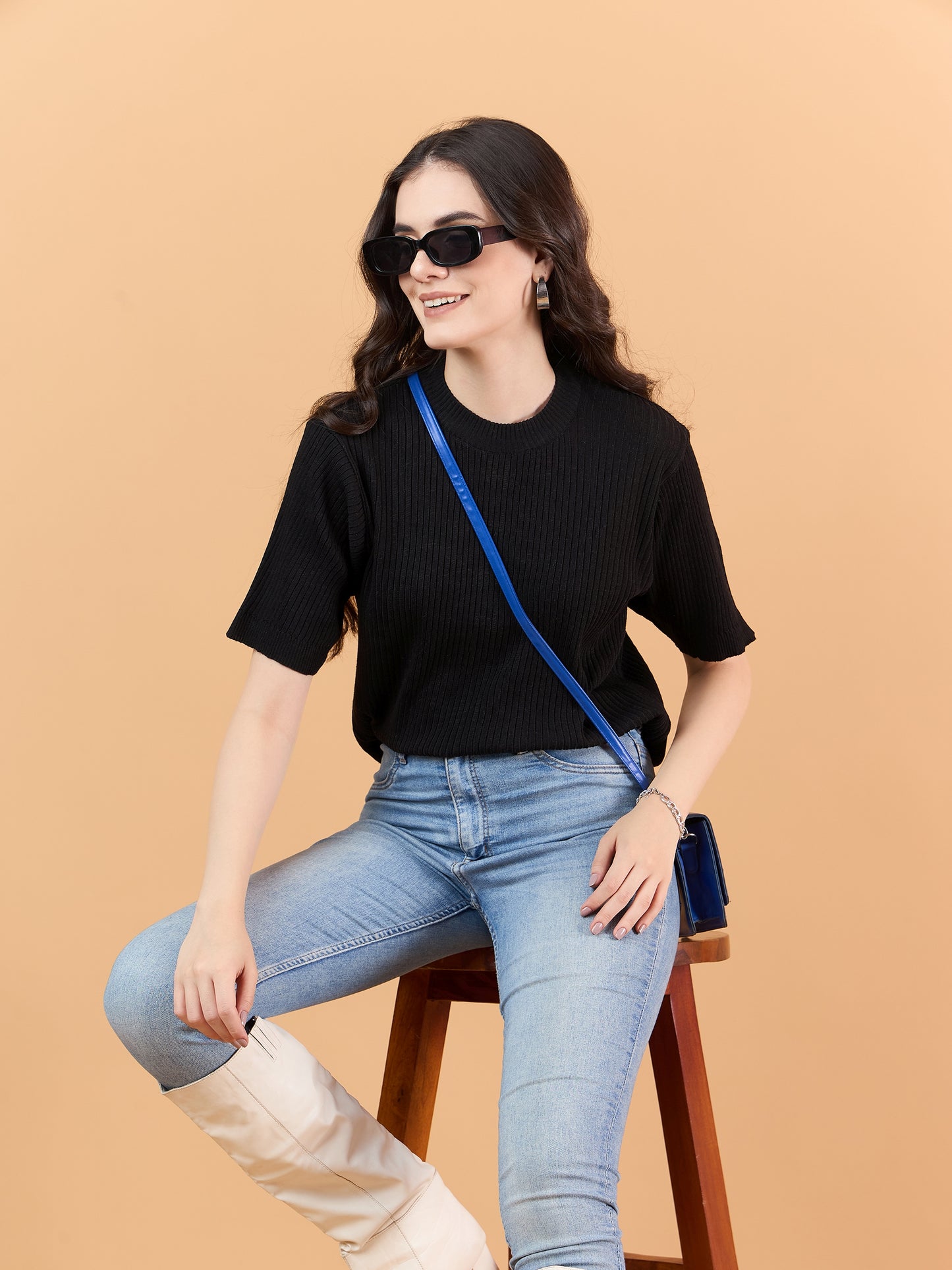 Ladies Short Sleeve Knitted cotton T Shirt solid Color Black