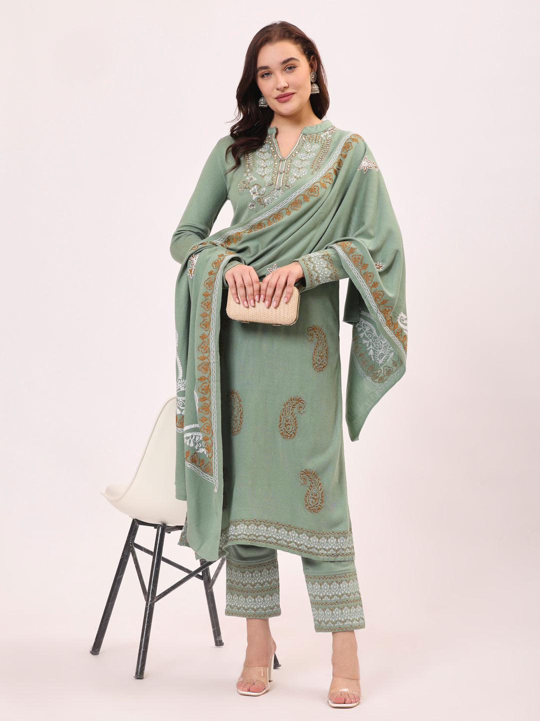 Clapton Pure Wool Winter Wear Embroidered Straight Kurta Pant With Dupatta Set Pista