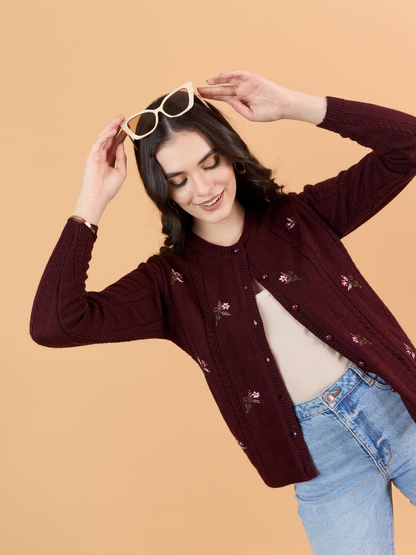 Clapton Floral Embroidered Full Sleeve Cardigan Sweaters for Women Girls Maroon