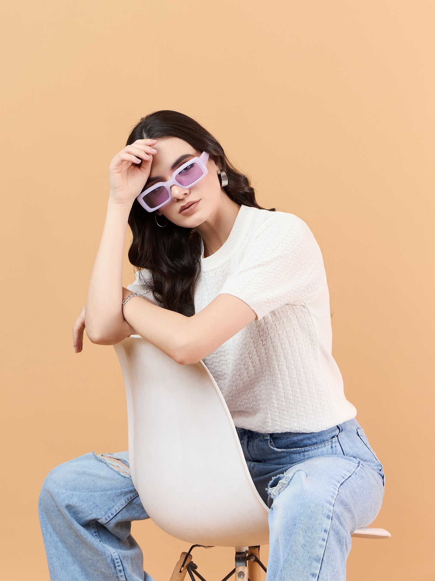 clapton Women Self knitted cotton Design T-shirt White