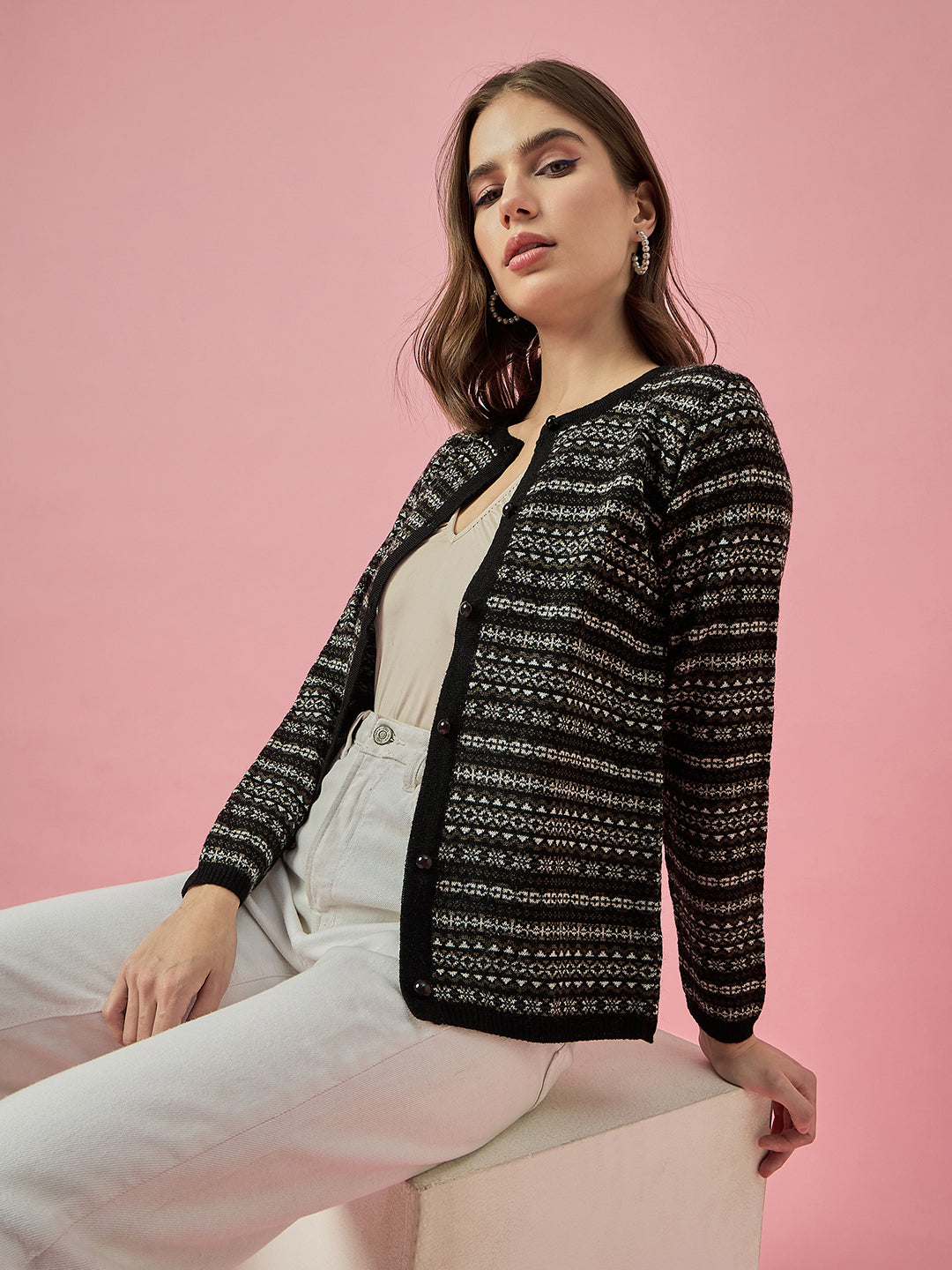 Women Black Self Striped Round Neck Cardigan