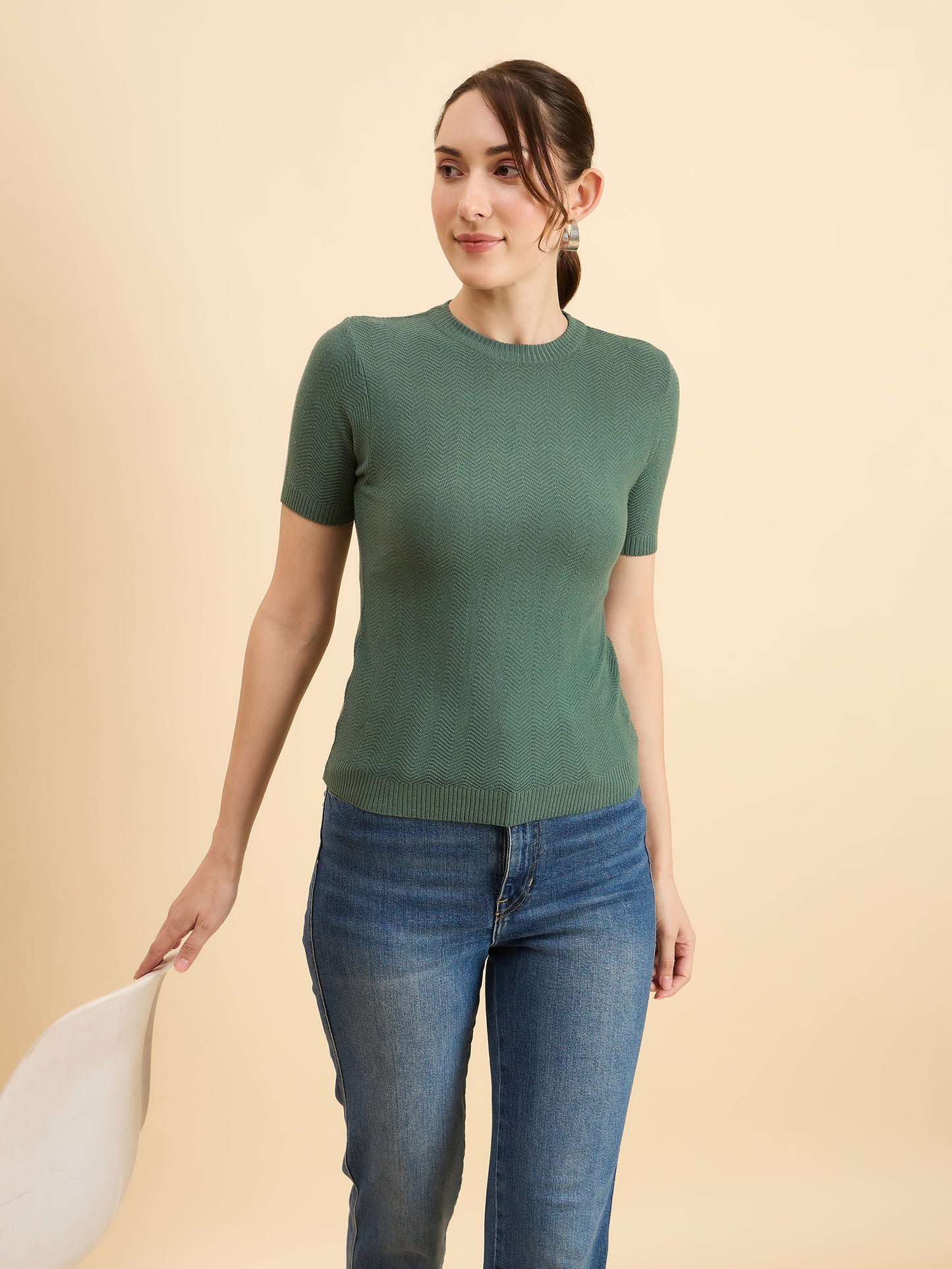 Clapton Women Knitted Round Neck T-shirt Green