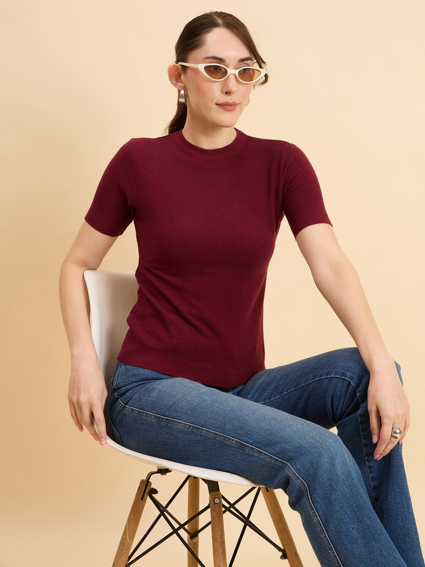 Clapton Women Knitted Round Neck T-shirt Maroon