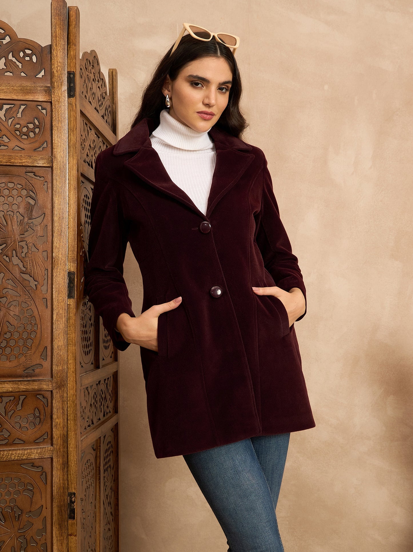 Clapton Women’S Wool Blend Long Winter Coat Maroon– Classic Button Closure & Lapel Collar