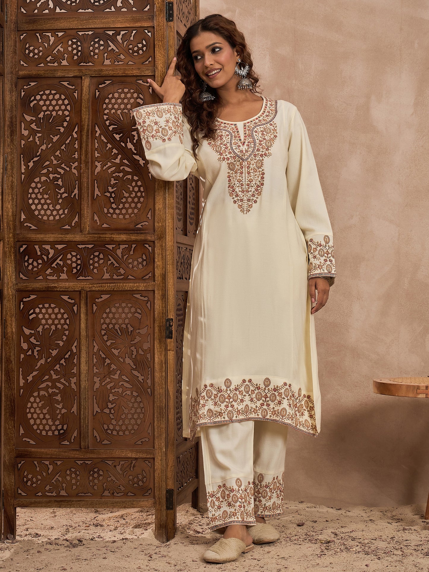 Woolen Embroidered 2-piece winter wear Kurti & Pant Set White