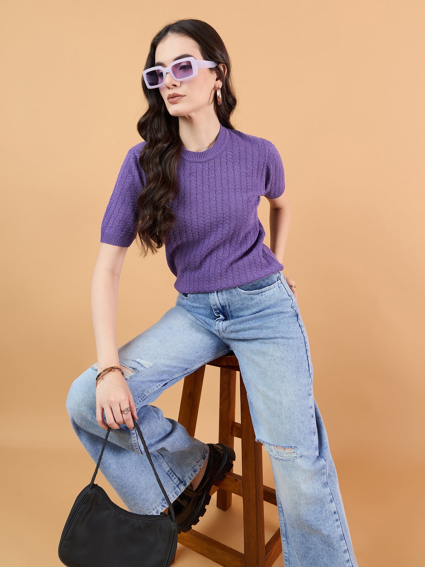 clapton Women Self knitted cotton Design T-shirt Purple Mauve
