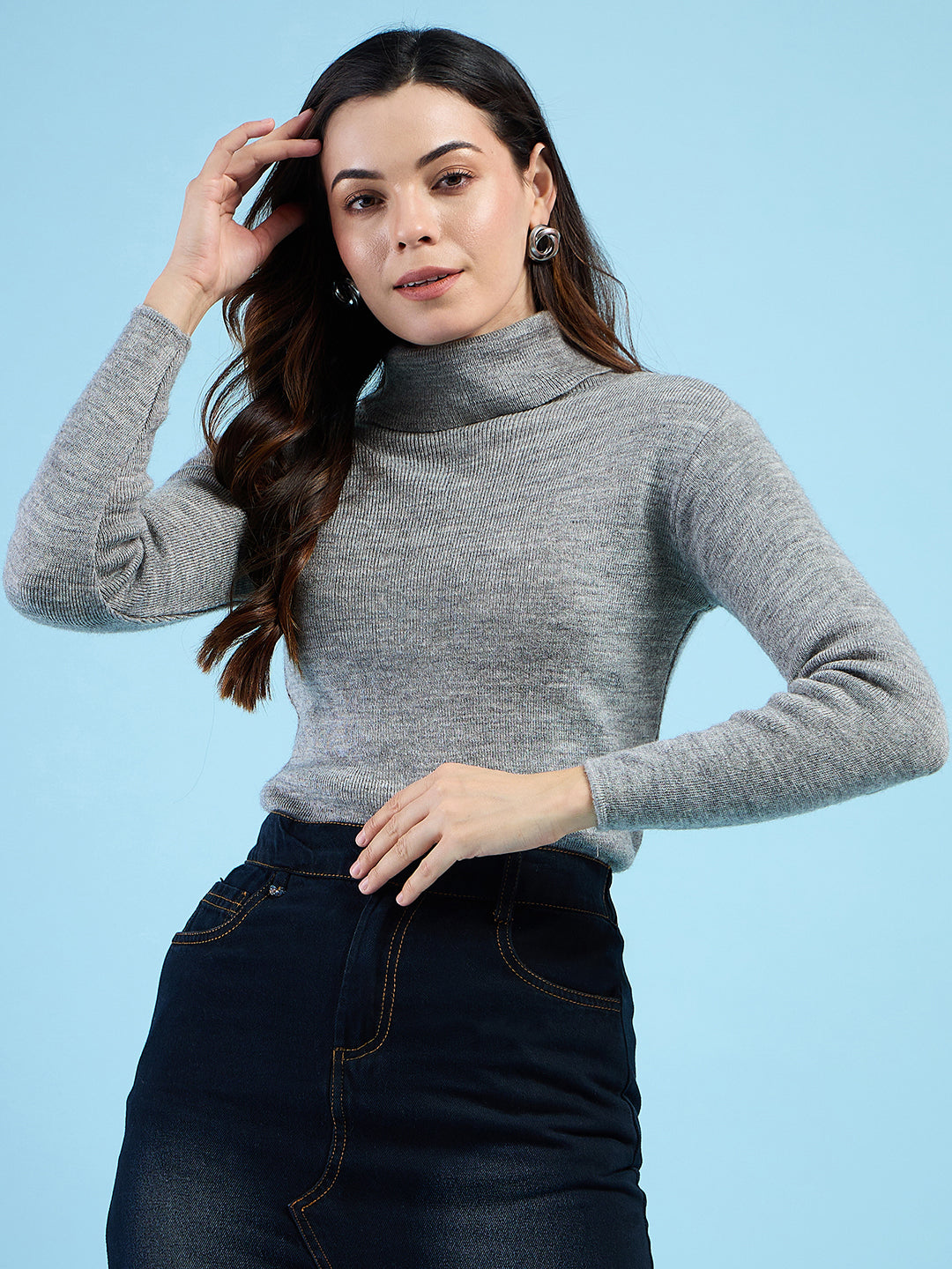 Clapton turtleneck High Neck Top knitted Winter Sweater for Women Pure Wool Full Sleeve Grey