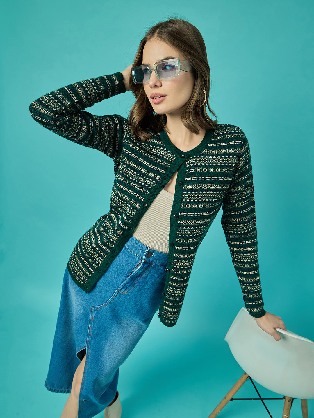 Women Green Self Striped Round Neck Cardigan