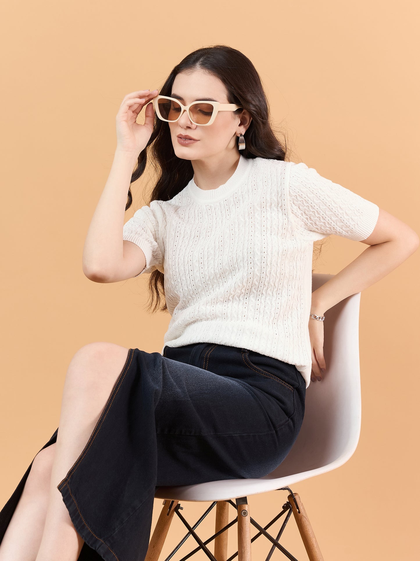 Ladies Short Sleeve Knitted cotton T Shirt solid Color White