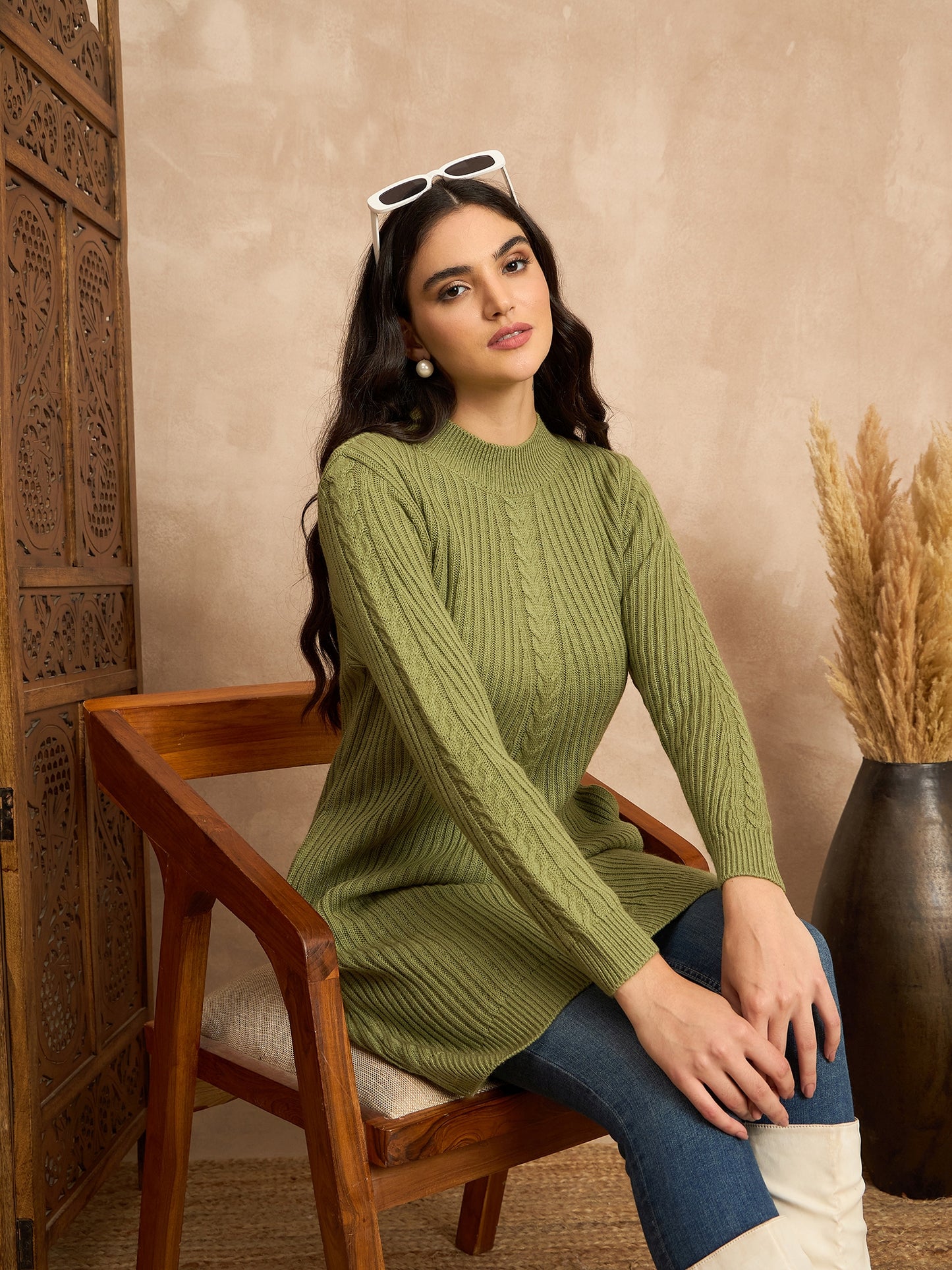 CLAPTON Women’s Wool Blend Ribbed Knit Tunic Sweater with Mock Neck & Full Sleeves Green