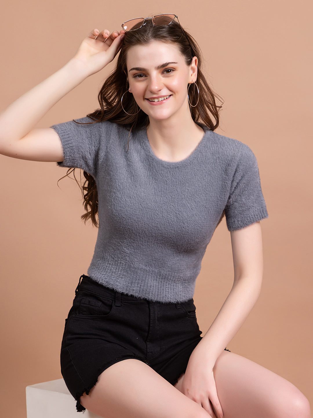 Clapton Short-Sleeve Fuzzy Knit Crop Top Pullover Blouse Top for Women Girls Grey