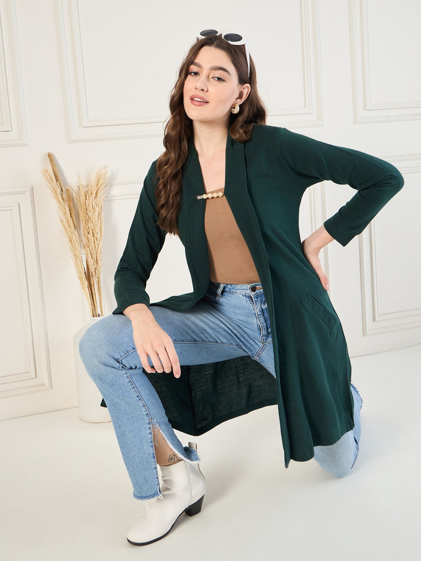 Women's Green open neck long Sleeves, Knitted Winter Wear Shrug