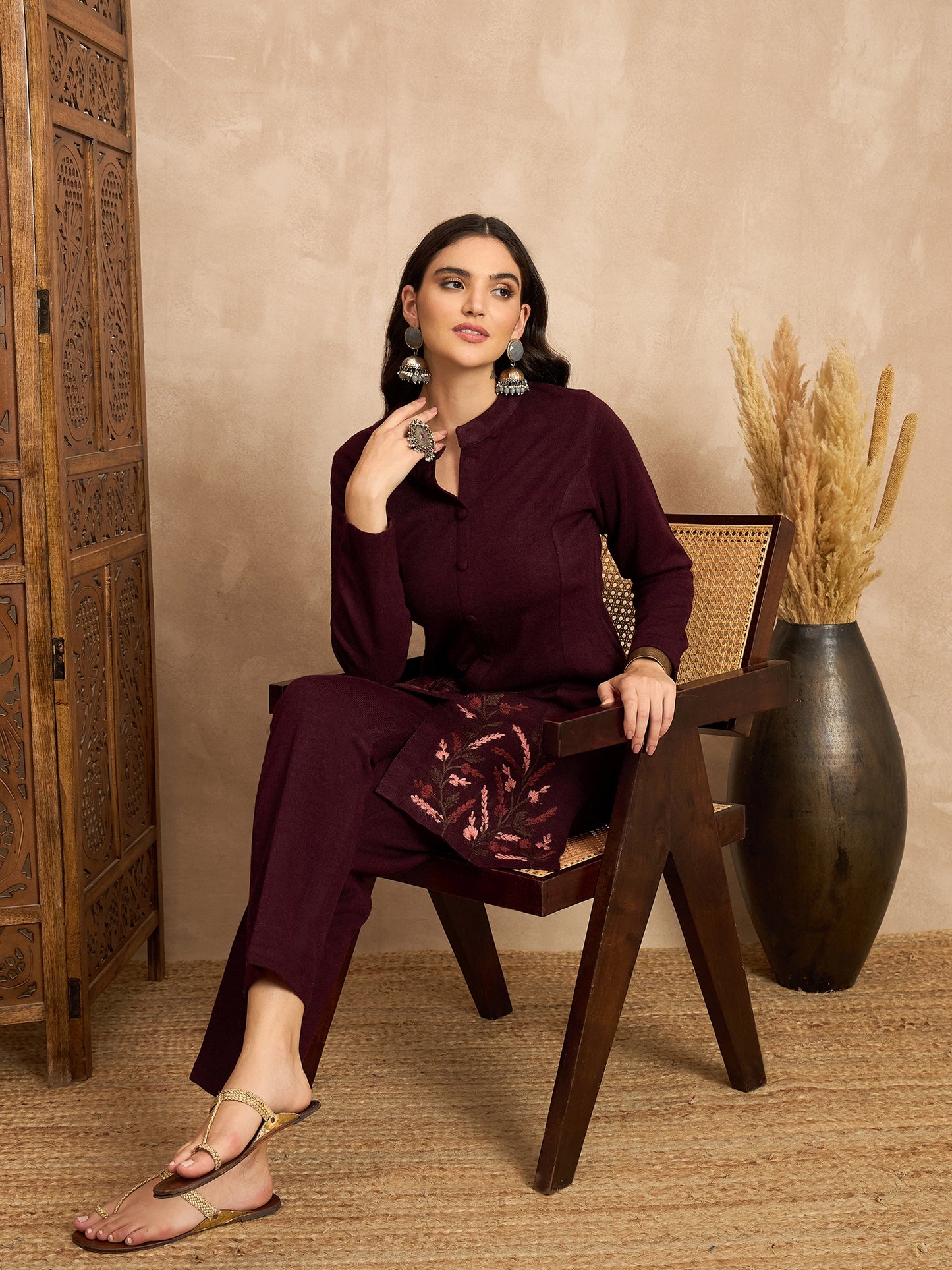 CLAPTON Women’s MAHROON Wool Blend Embroidered Kurti & Pant Set – 2 Piece Winter Wear