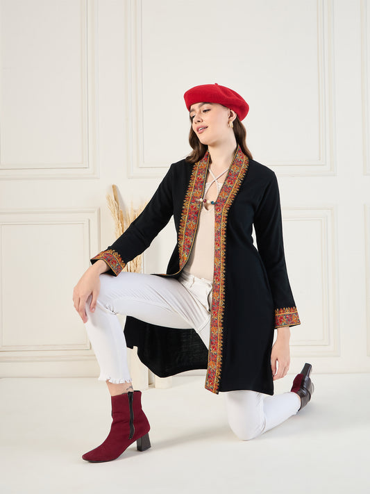 Women's Black Embroidered Sleeves, Floral Pattern, Winter Wear, Open Neck Shrug