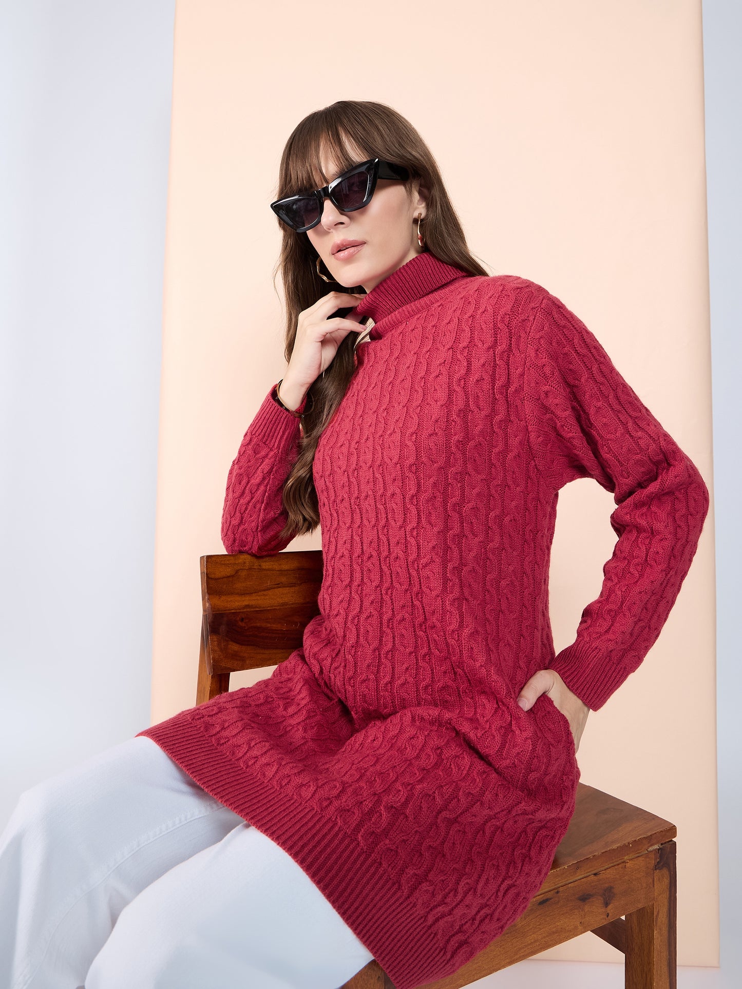 Clapton High Neck Cable Knitted Woolen Dress Rust