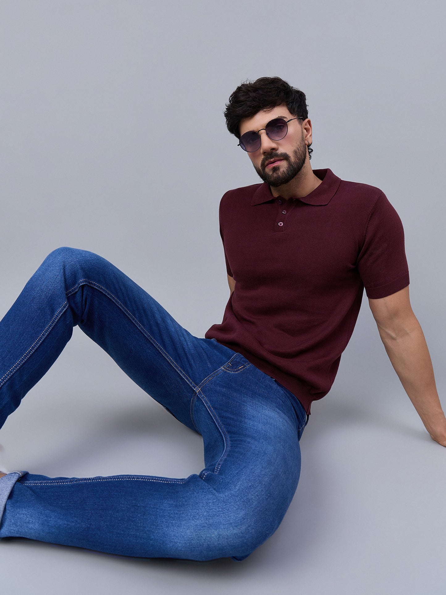 Men's Maroon Knitted Polo T-shirt