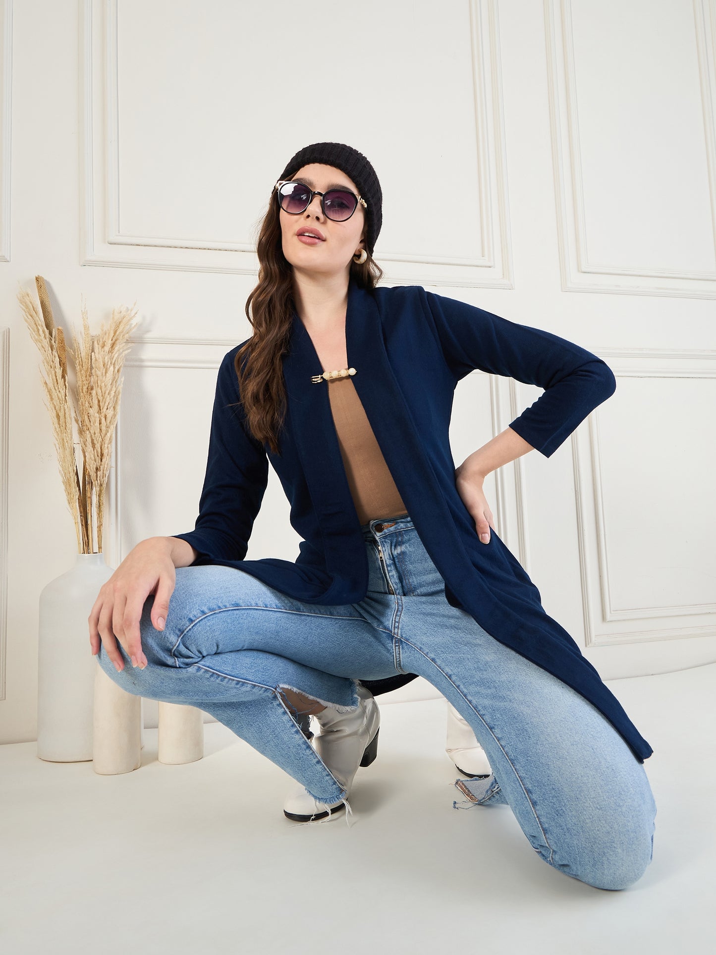 Women's Navy Blue open neck long Sleeves, Knitted Winter Wear Shrug