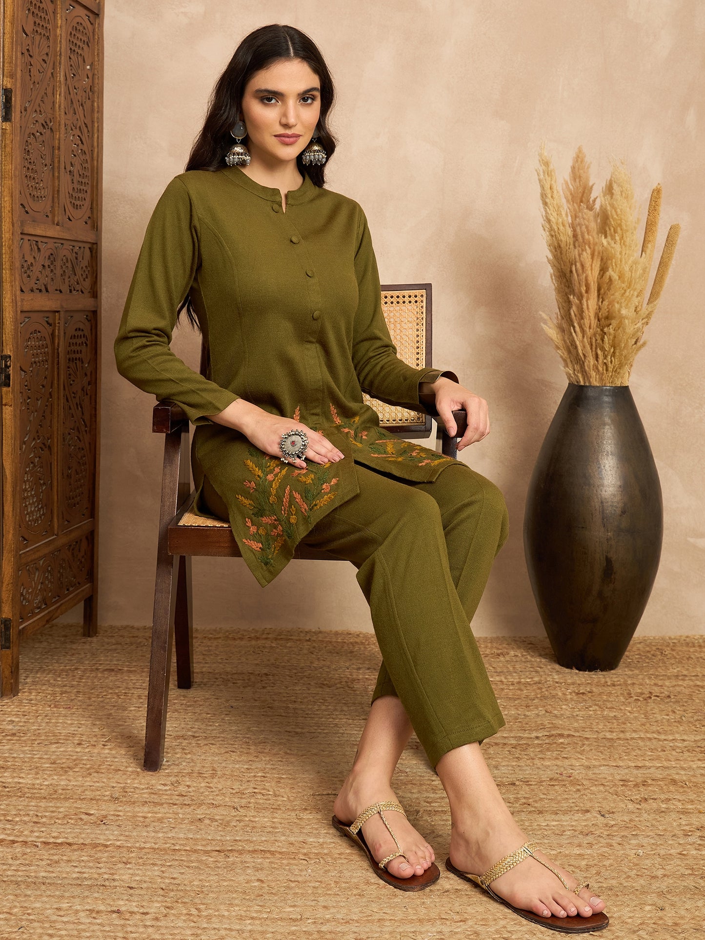 CLAPTON Women’s Green Wool Blend Embroidered Kurti & Pant Set – 2 Piece Winter Wear