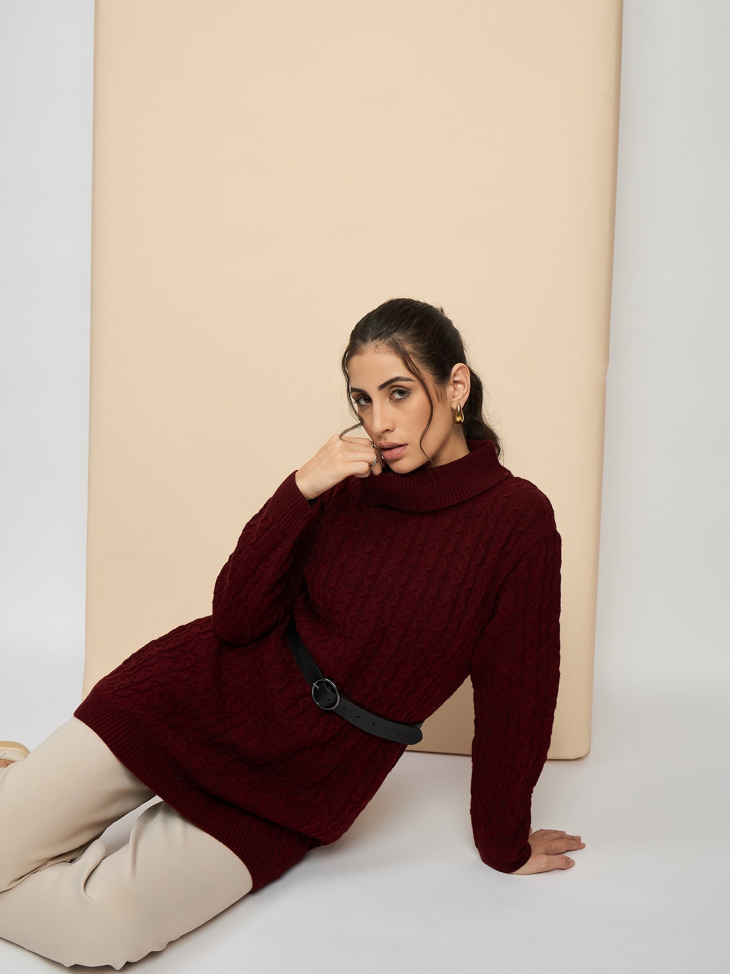 Clapton High Neck Cable Knitted Woolen Dress Maroon
