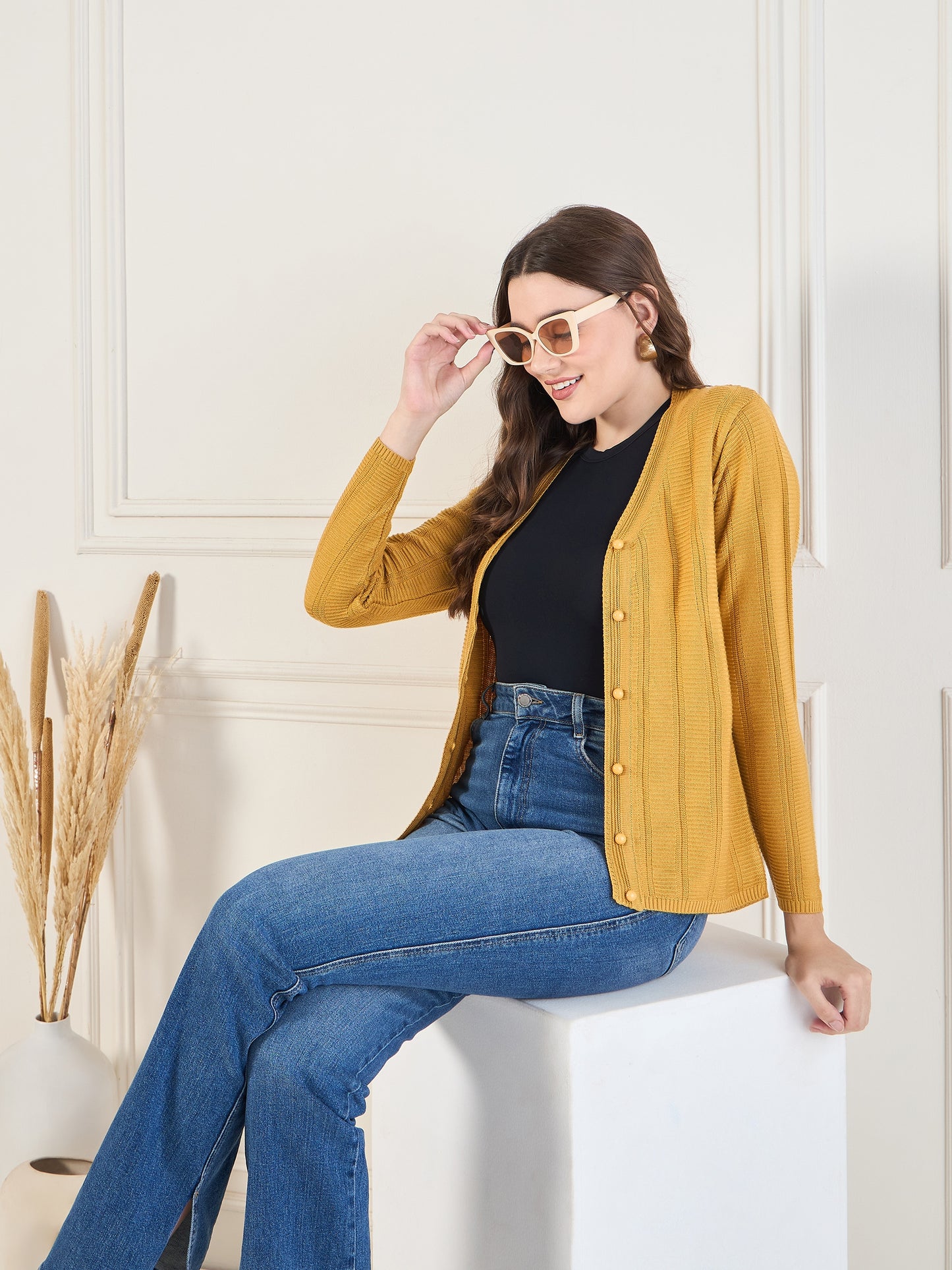 Wool Blend Round Neck cardigan Mustard