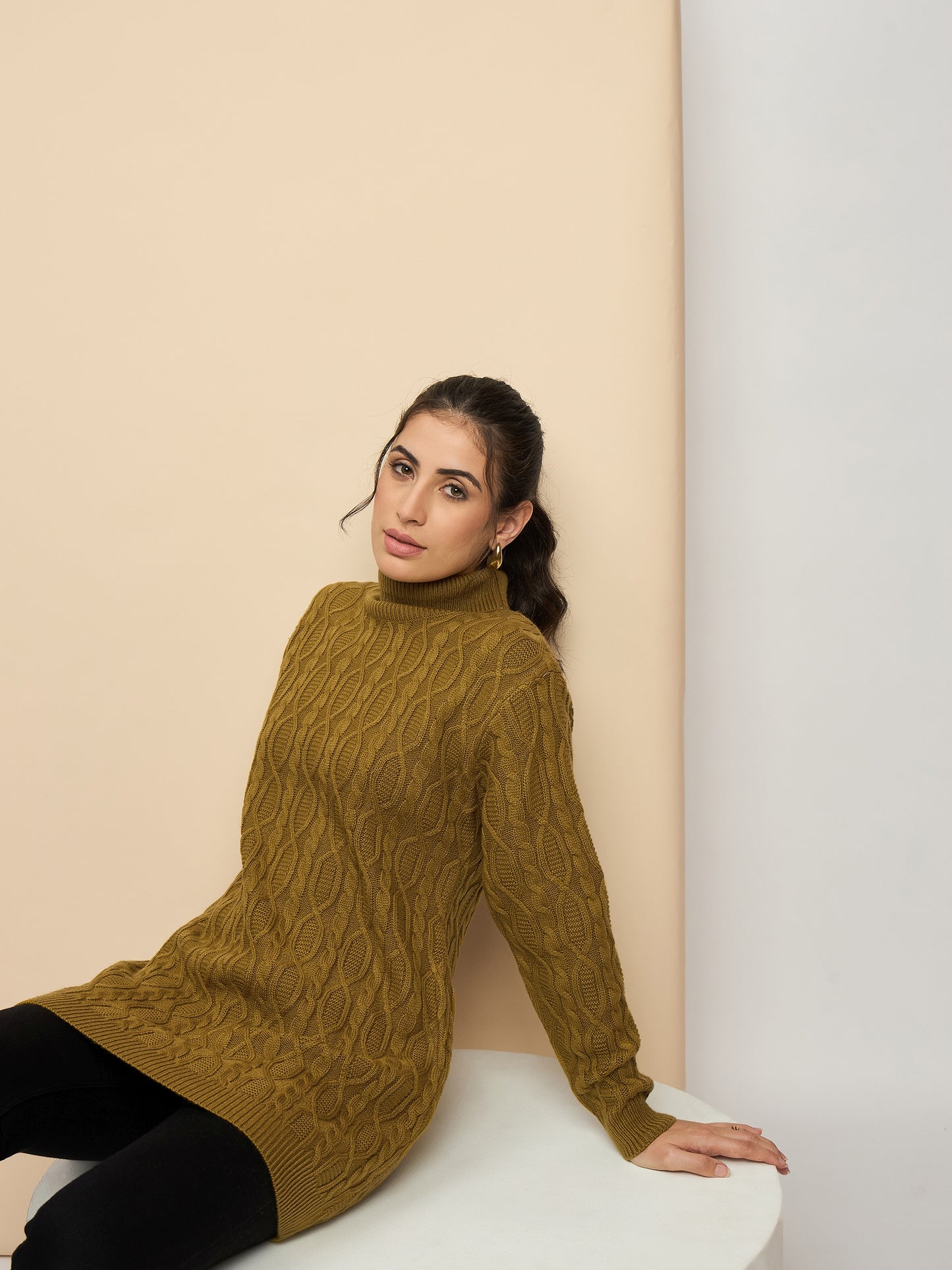 Clapton High Neck Cable Knitted Woolen Dress Gold