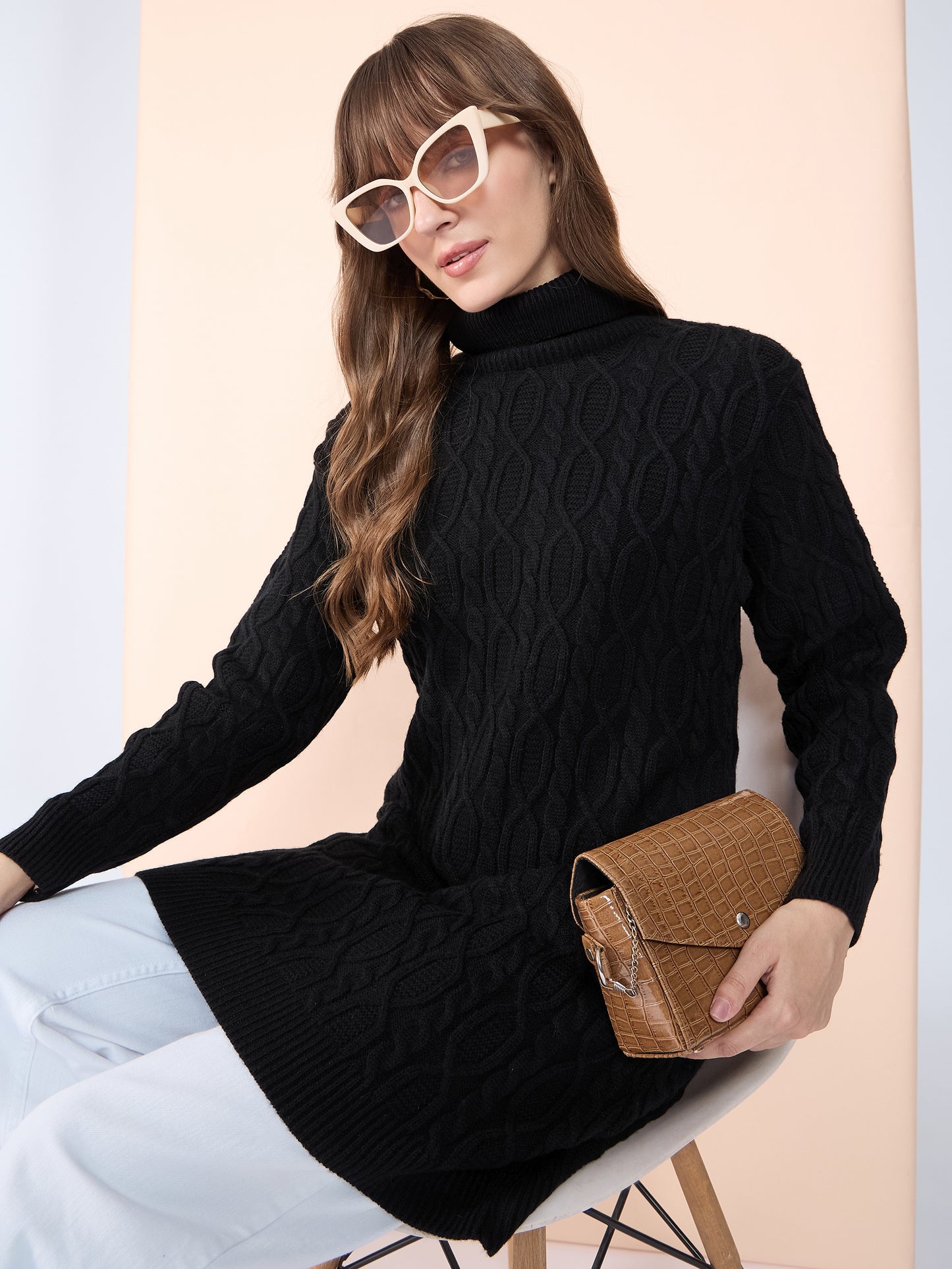 Clapton High Neck Cable Knitted Woolen Dress Black