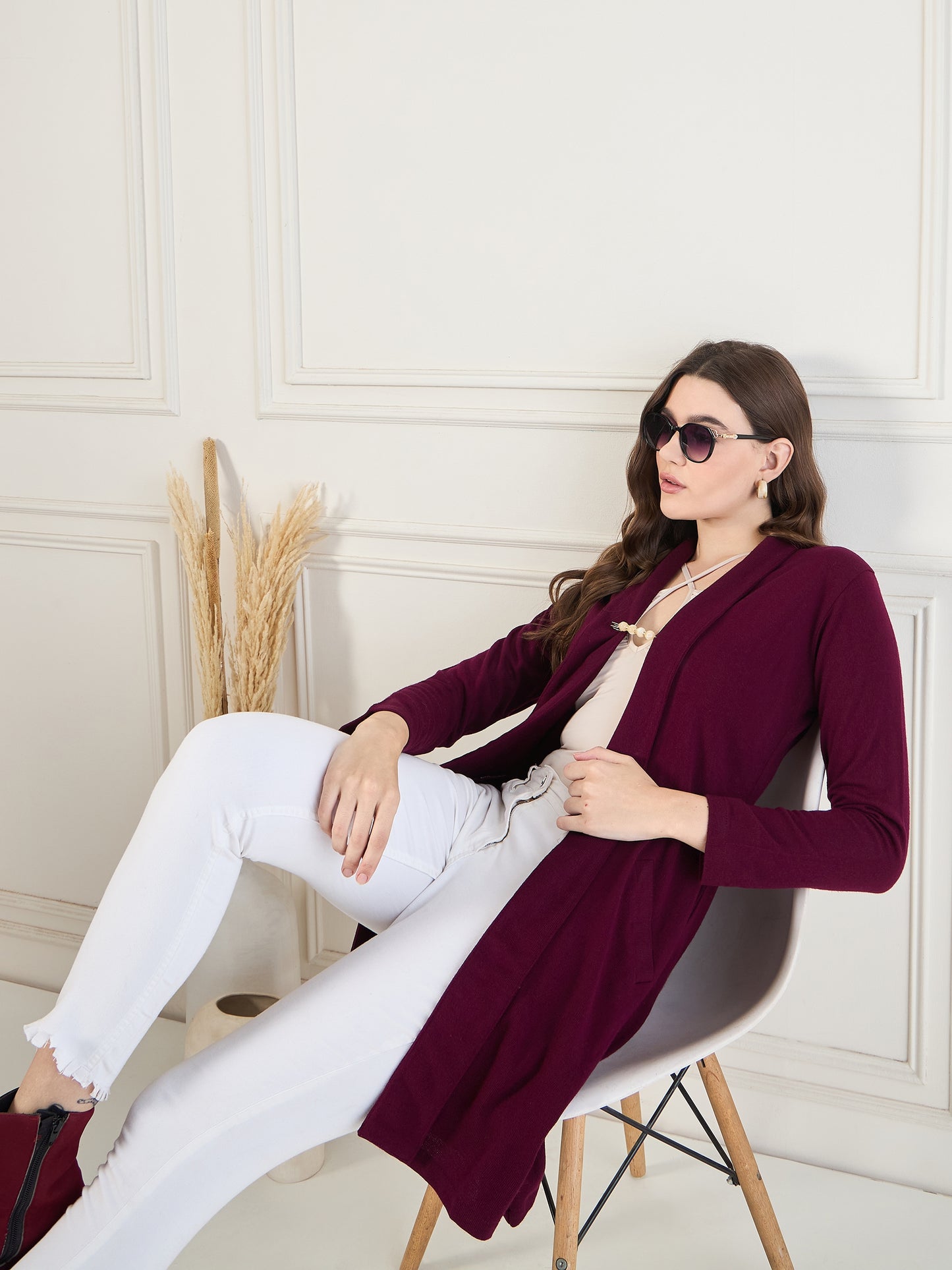 Women's Mahroon open neck long Sleeves, Knitted Winter Wear Shrug