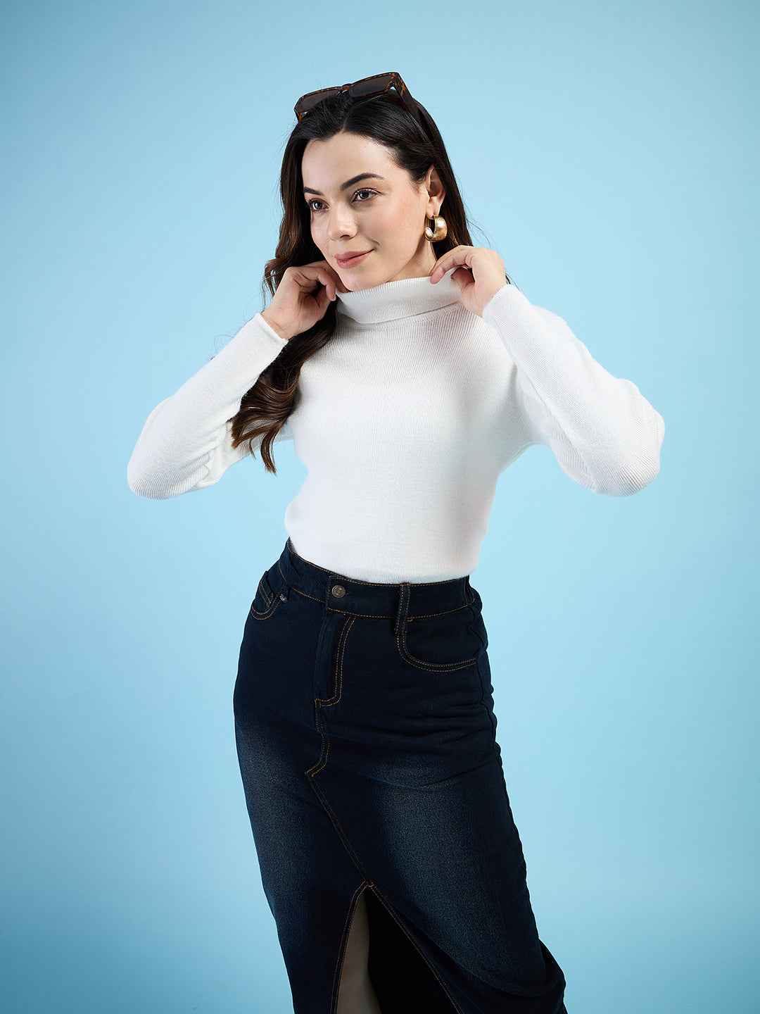 Clapton turtleneck High Neck Top knitted Winter Sweater for Women Pure Wool Full Sleeve White