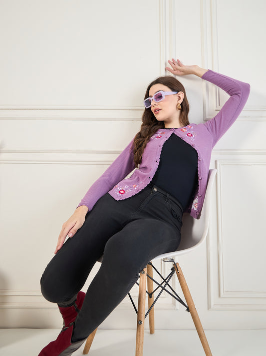 Embroidered Long Sleeves Pure Wool Cardigan Sweater