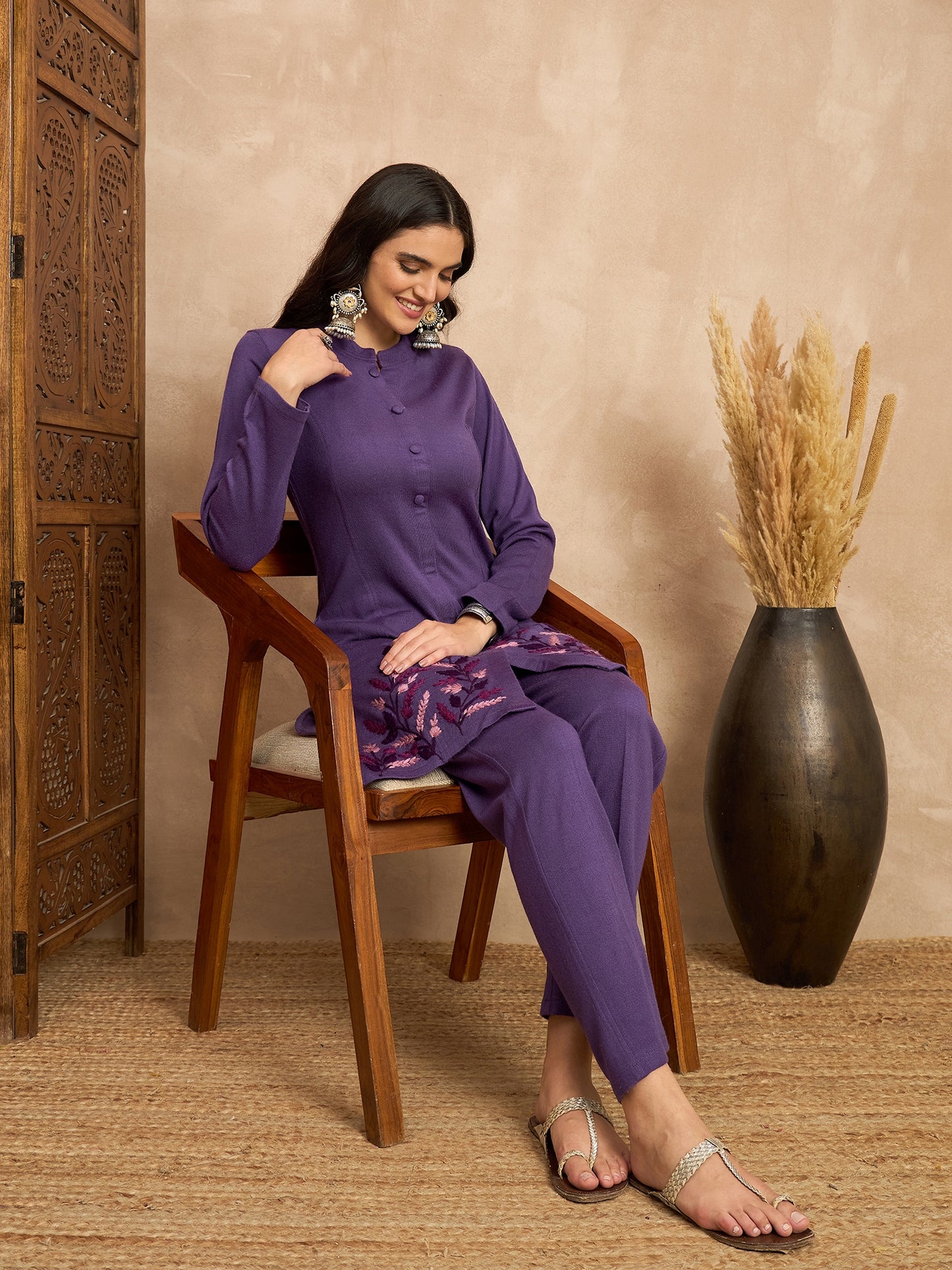 CLAPTON Women’s Purple Wool Blend Embroidered Kurti & Pant Set – 2 Piece Winter Wear
