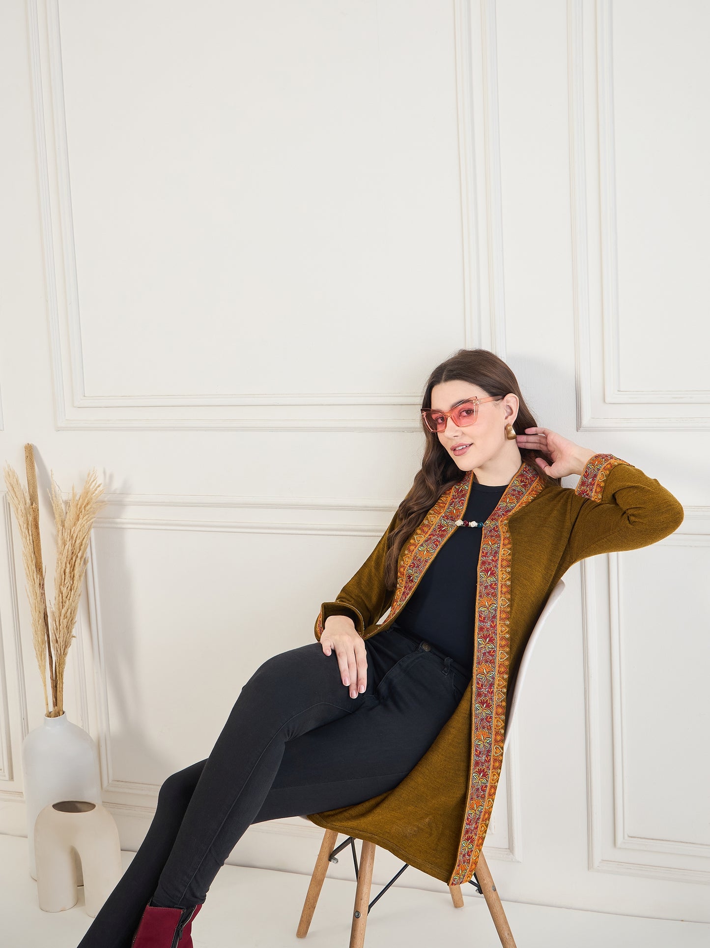 Women's Gold Embroidered Sleeves, Floral Pattern, Winter Wear, Open Neck Shrug