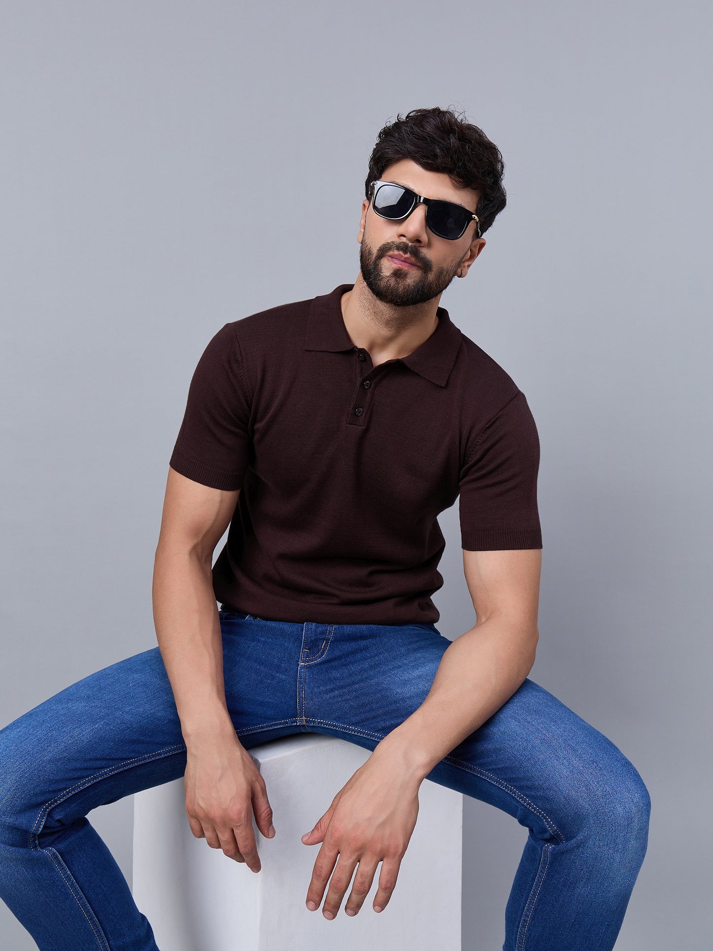 Men's Wine Knitted Polo T-shirt