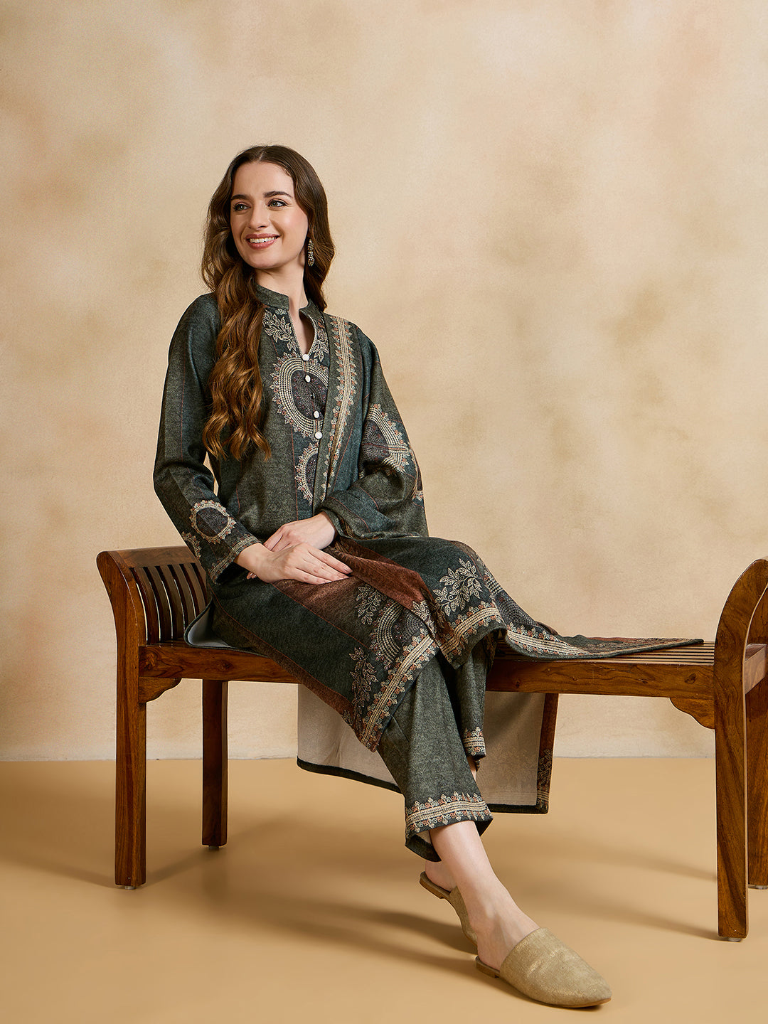 Clapton Printed Work Straight Kurta Pant With Dupatta Set Green