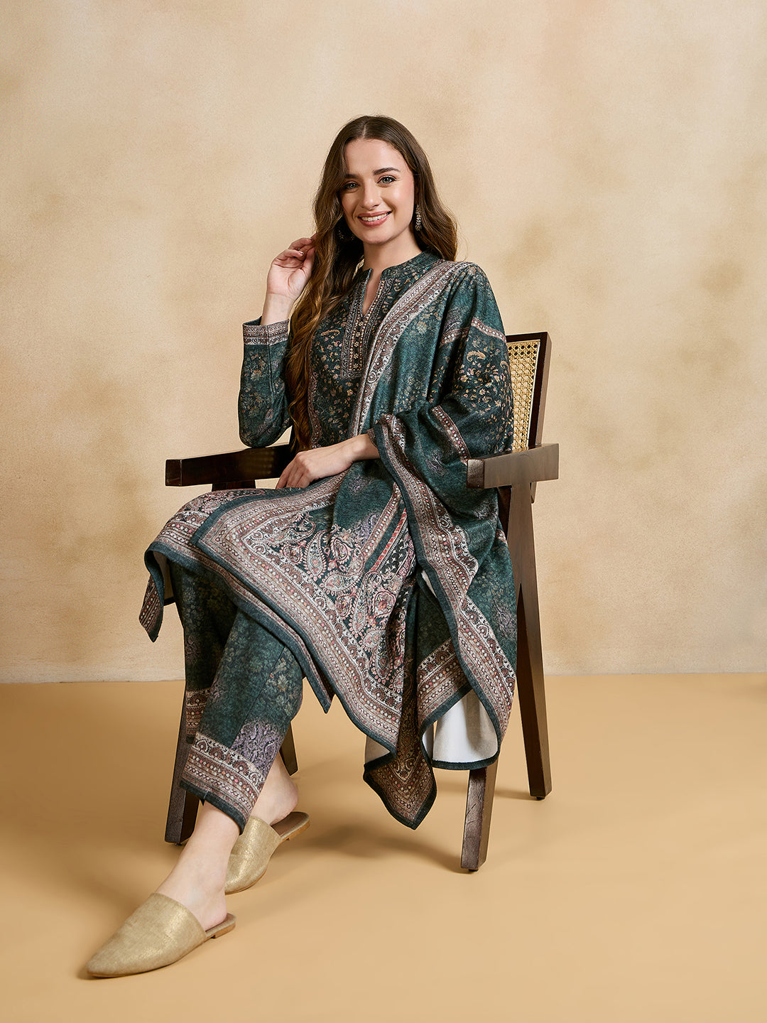Clapton Printed Work Straight Kurta Pant With Dupatta Set Green