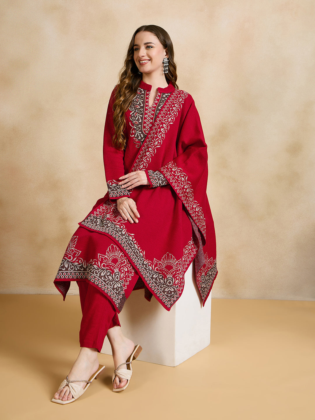 Clapton Embroidered Straight Kurta Pant With Dupatta Set Red