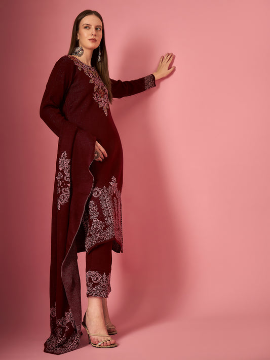 Clapton Embroidered Straight Kurta Pant With Dupatta Set Maroon