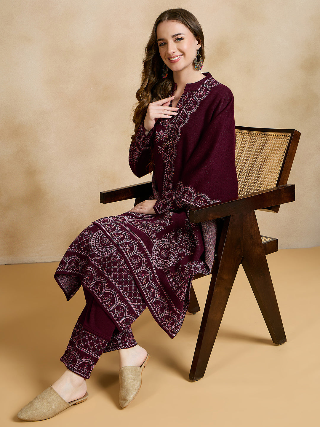 Clapton Embroidered Straight Kurta Pant With Dupatta Set Maroon