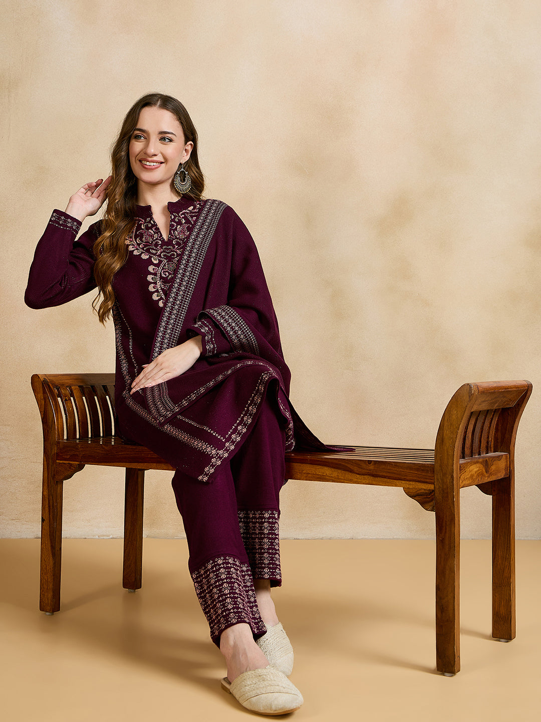 Clapton Embroidered Straight Kurta Pant With Dupatta Set Maroon