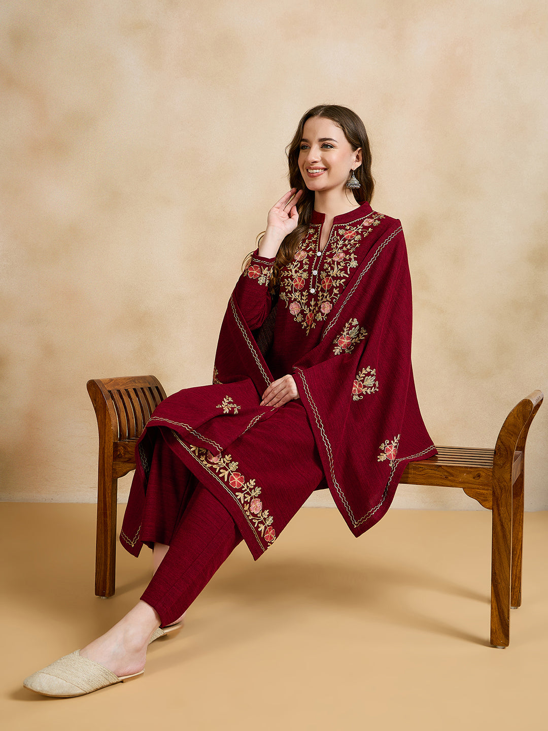 Clapton Embroidered Straight Kurta Pant With Dupatta Set Maroon