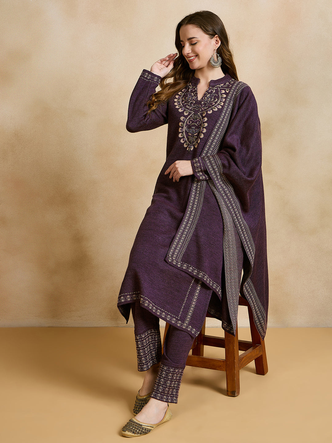 Clapton Embroidered Straight Kurta Pant With Dupatta Set Purple