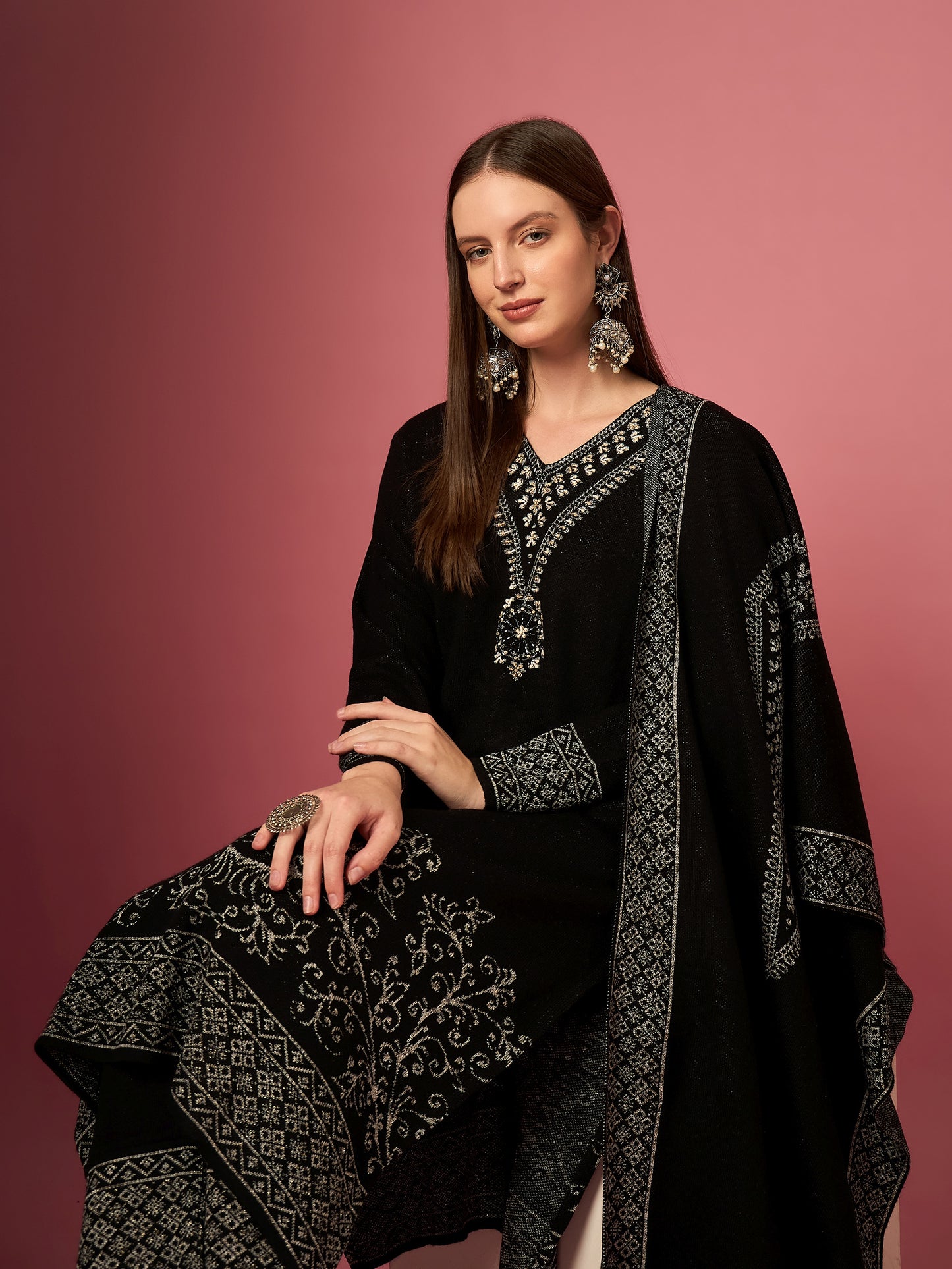 Clapton Embroidered Straight Kurta Pant With Dupatta Set black
