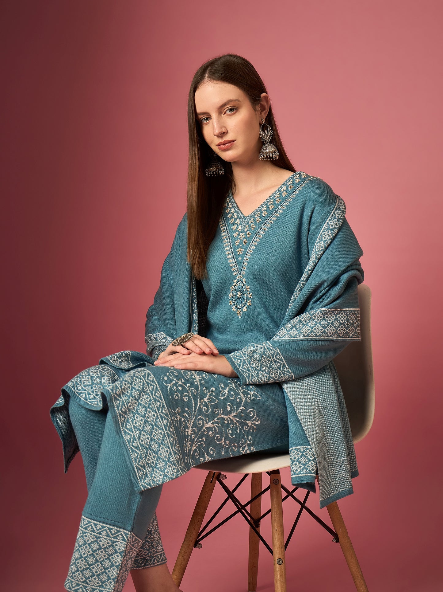 Clapton Embroidered Straight Kurta Pant With Dupatta Set Sky